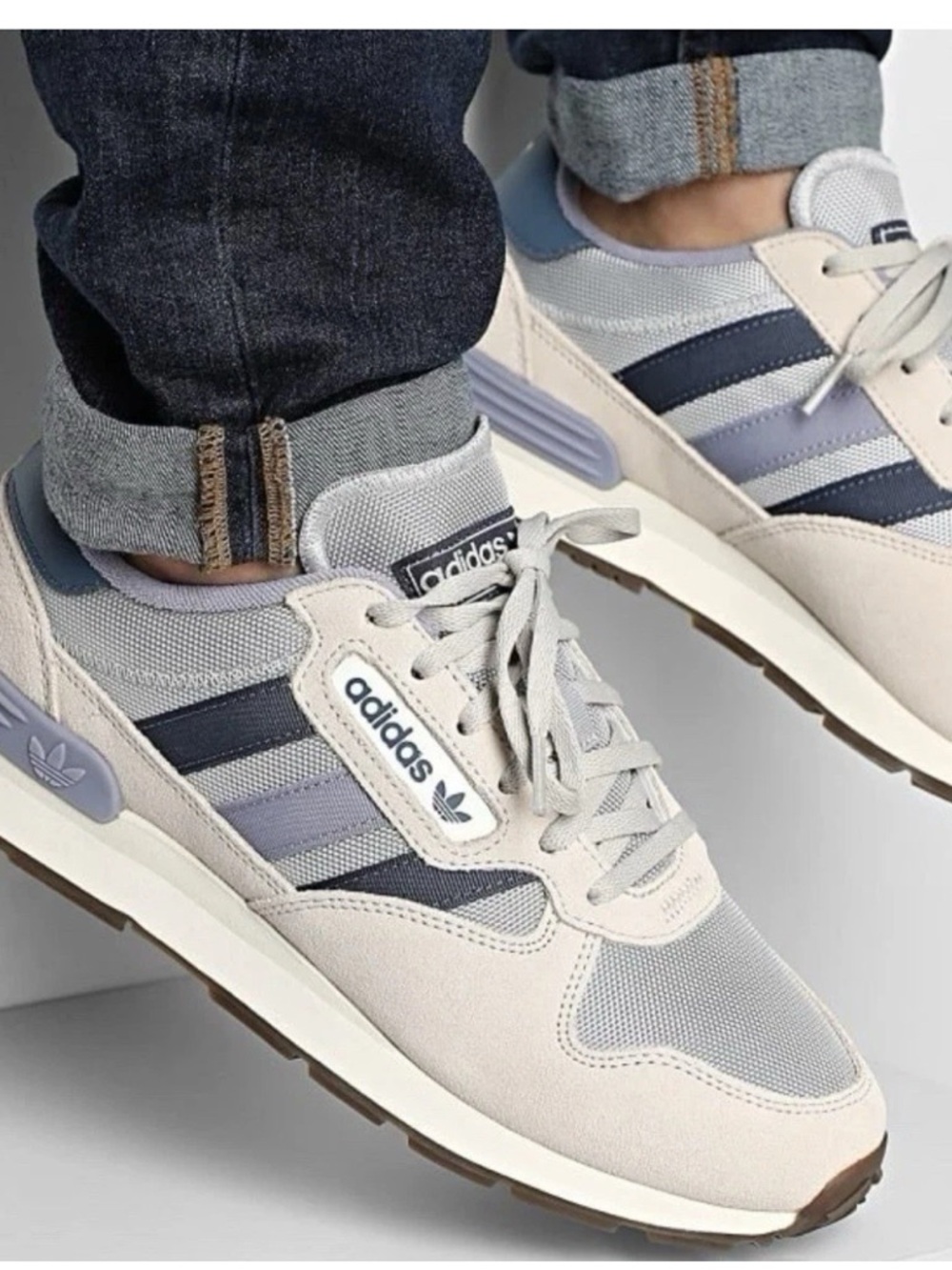 adidas Beige, Light Gray and Navy Retro Runner Sneakers